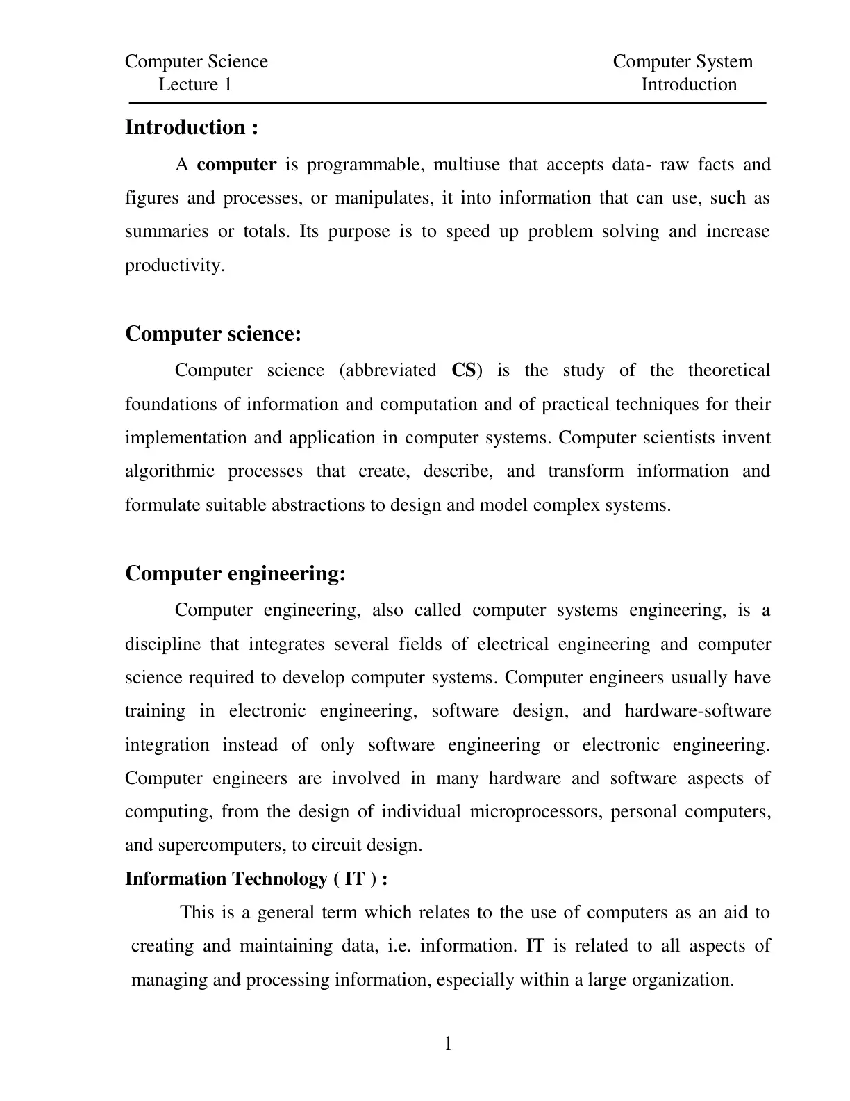 غلاف تقرير Computer Science Lecture 1: Computer System