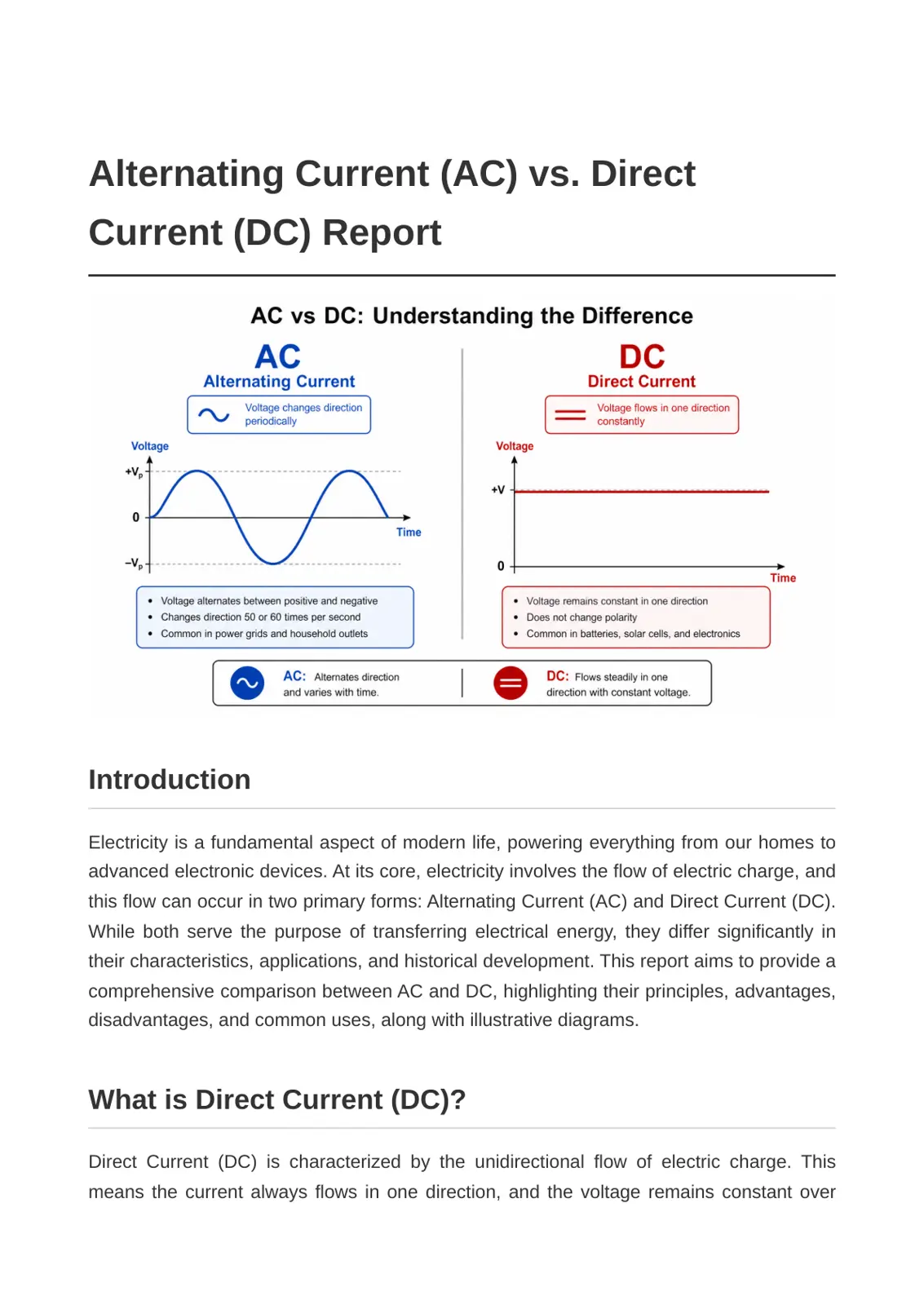 غلاف تقرير Alternating Current (AC) vs. Direct Current (DC) Report