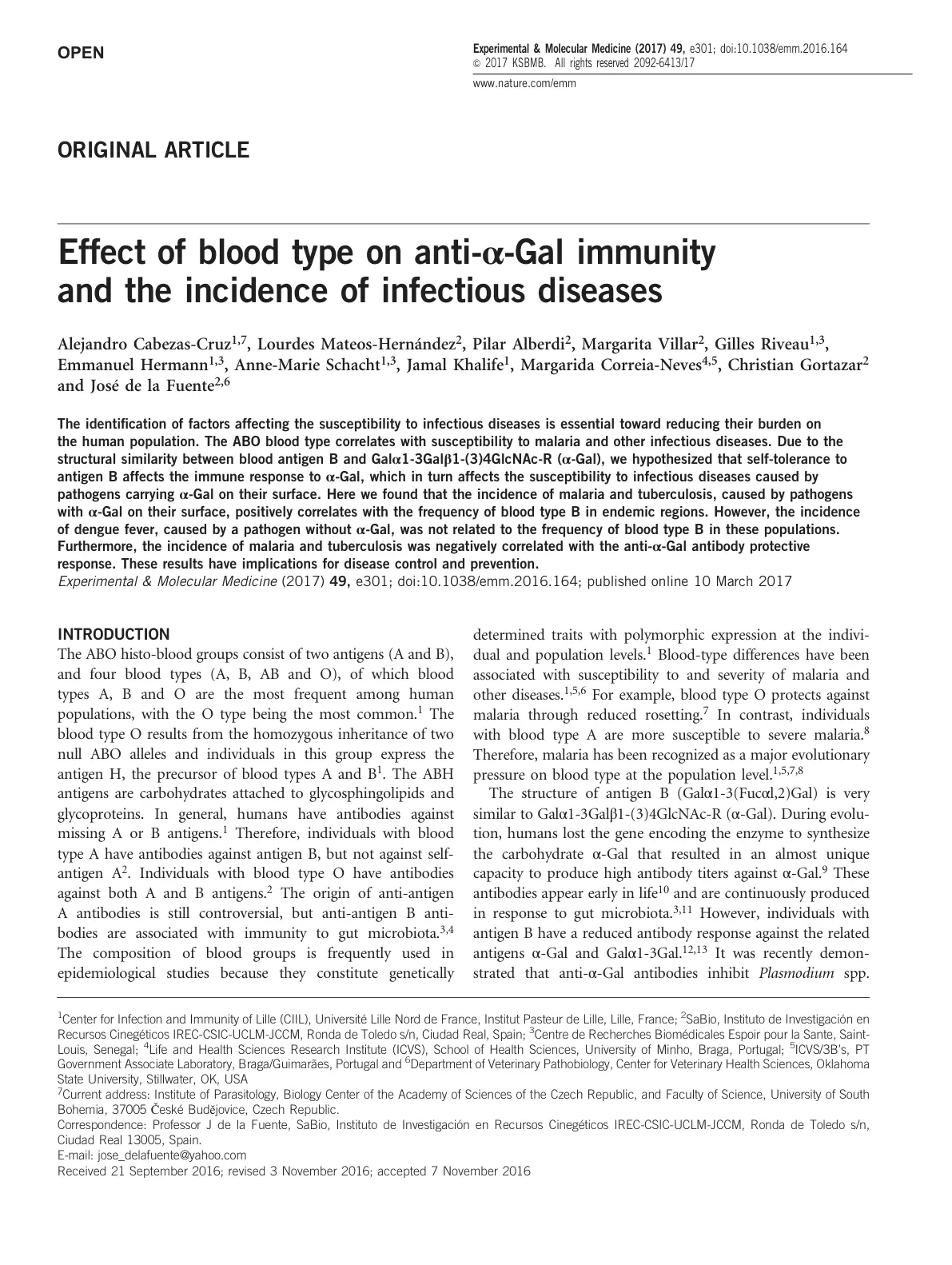 غلاف تقرير Effect of blood type on anti-α-Gal immunity and the incidence of infectious diseases