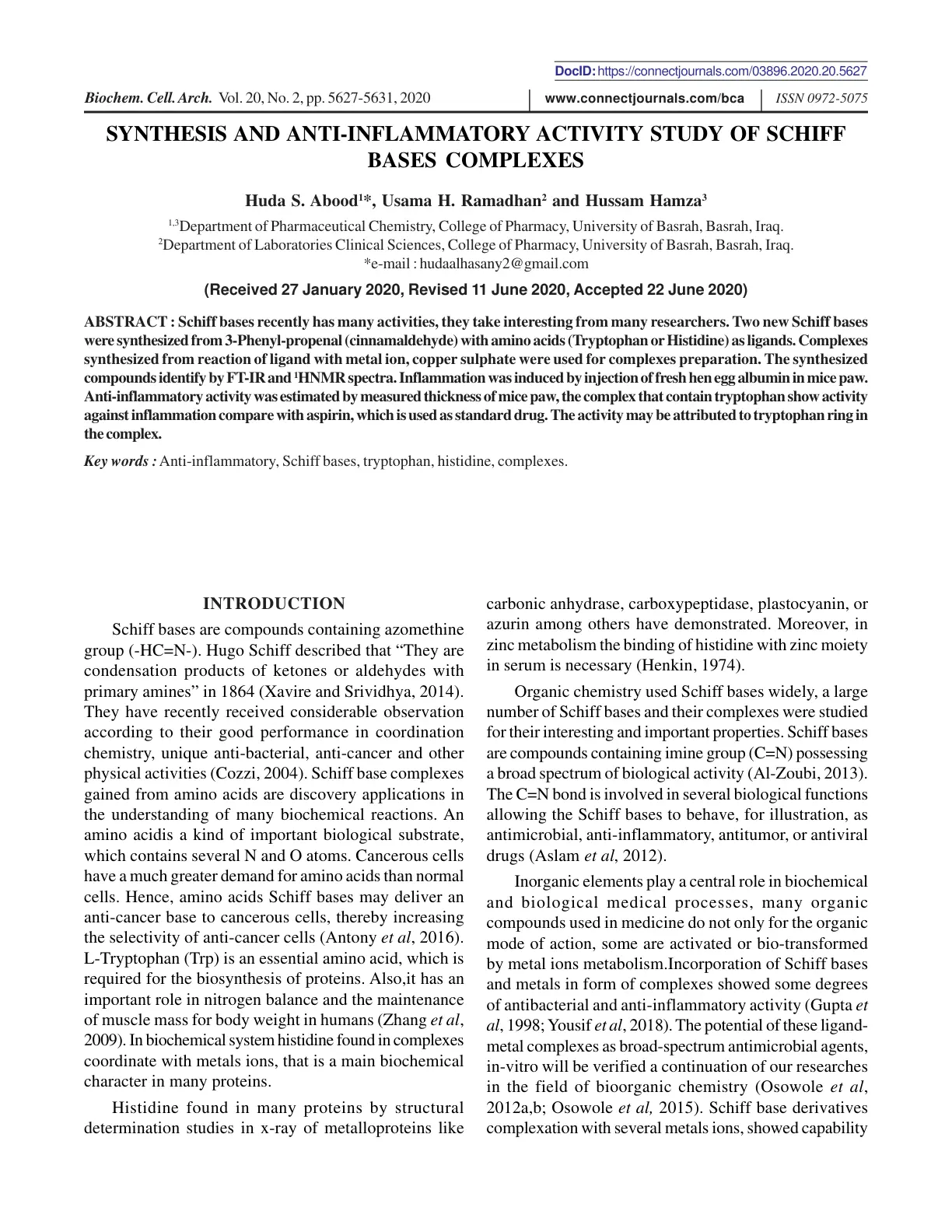 غلاف تقرير SYNTHESIS AND ANTI-INFLAMMATORY ACTIVITY STUDY OF SCHIFF BASES COMPLEXES