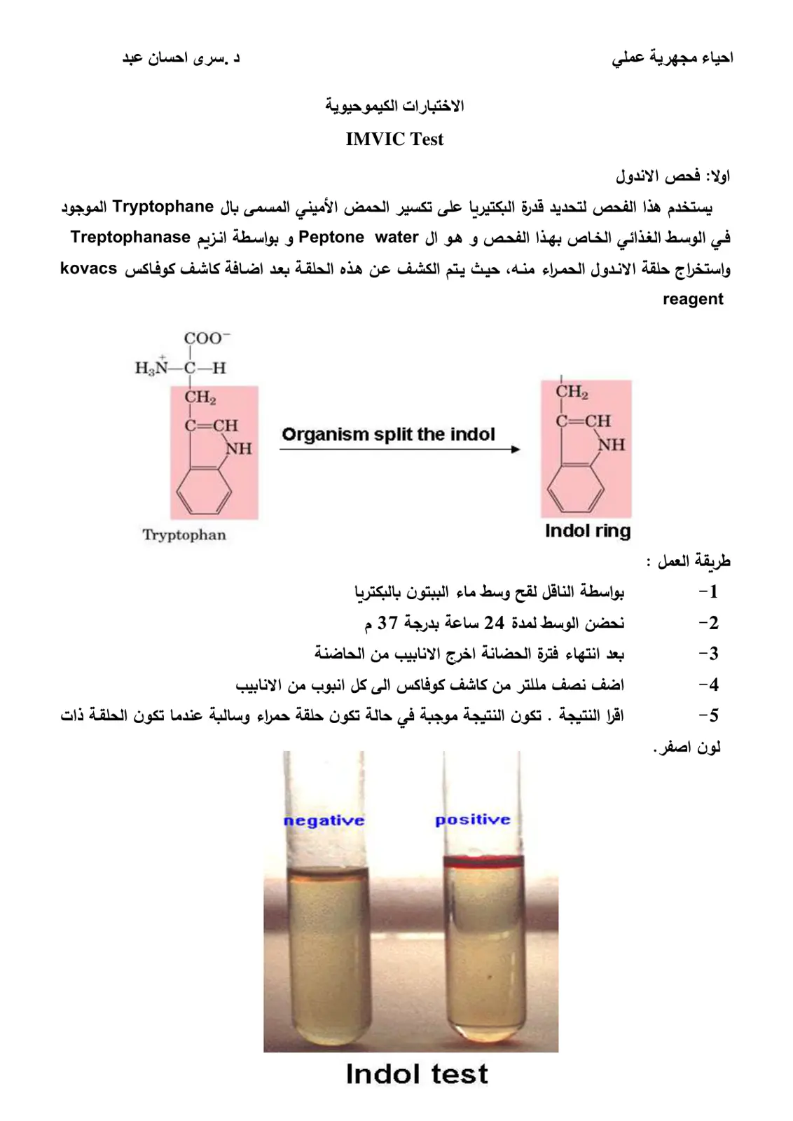 غلاف تقرير الاختبارات الكيموحيوية: فحص الاندول (IMVIC Test)
