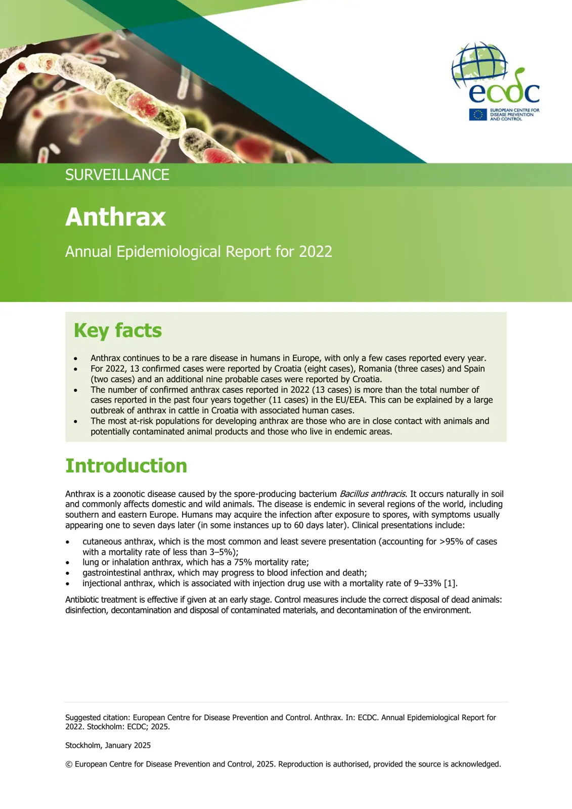 غلاف تقرير SURVEILLANCE - Anthrax Annual Epidemiological Report for 2022