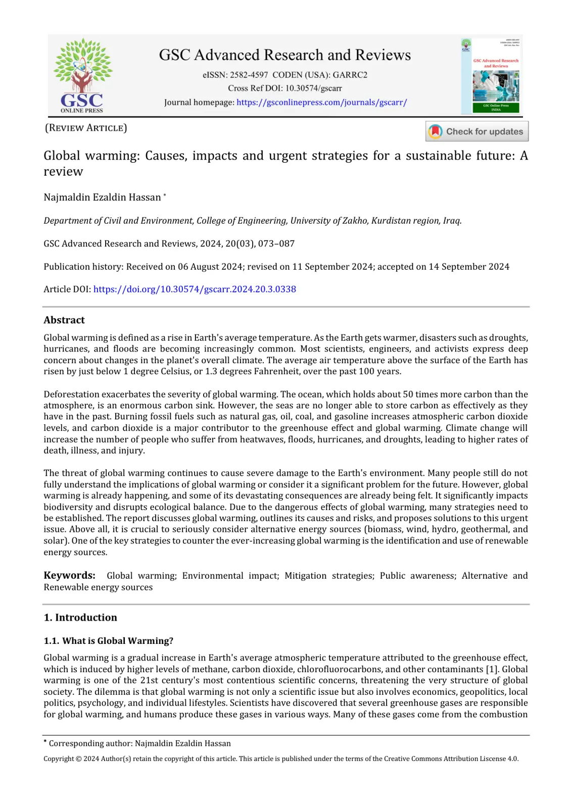غلاف تقرير Global warming: Causes, impacts and urgent strategies for a sustainable future: A review