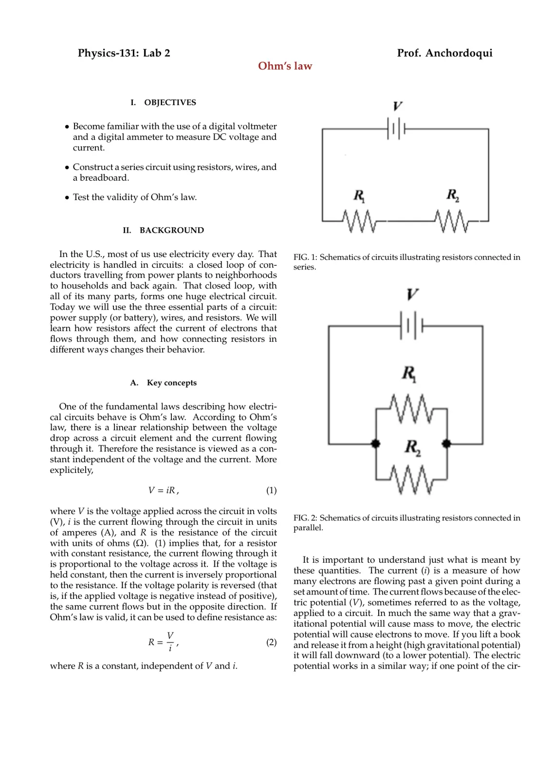 غلاف تقرير Physics-131: Lab 2 Ohm's law