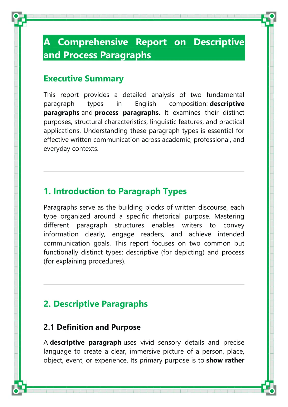 غلاف تقرير A Comprehensive Report on Descriptive and Process Paragraphs