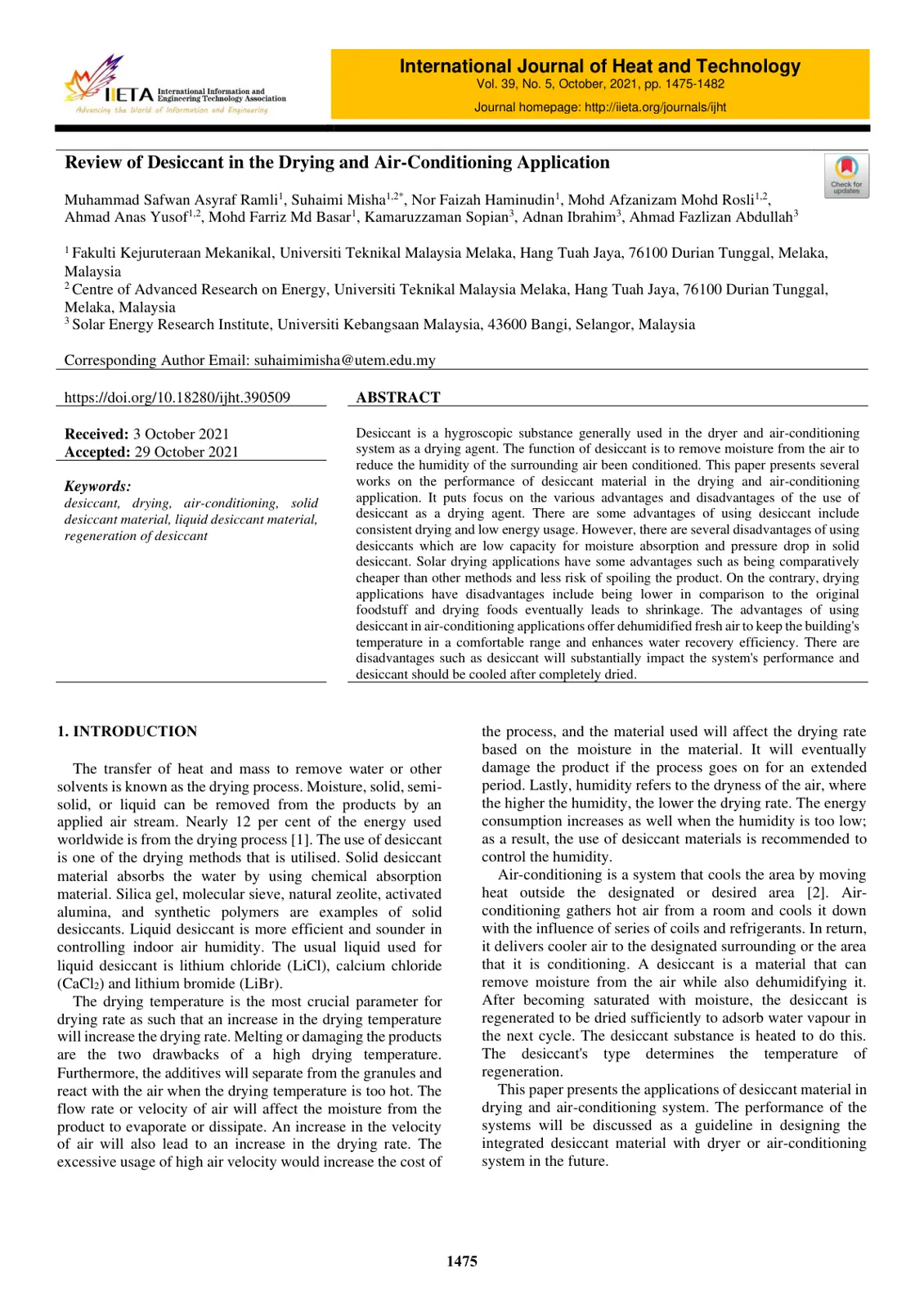 غلاف تقرير Review of Desiccant in the Drying and Air-Conditioning Application