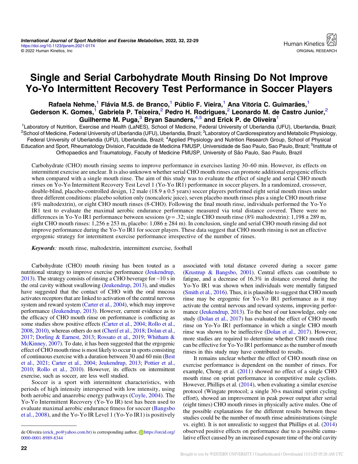 غلاف تقرير Single and Serial Carbohydrate Mouth Rinsing Do Not Improve Yo-Yo Intermittent Recovery Test Performance in Soccer Players