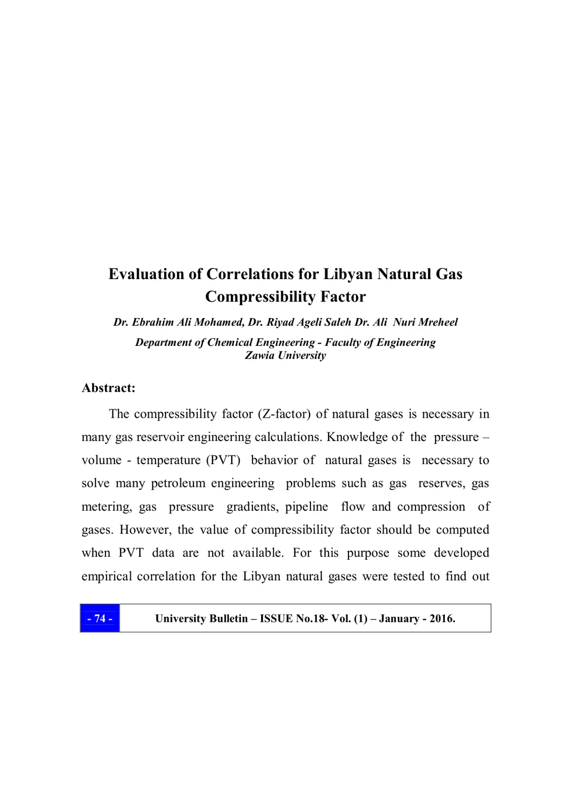 غلاف تقرير Evaluation of Correlations for Libyan Natural Gas Compressibility Factor