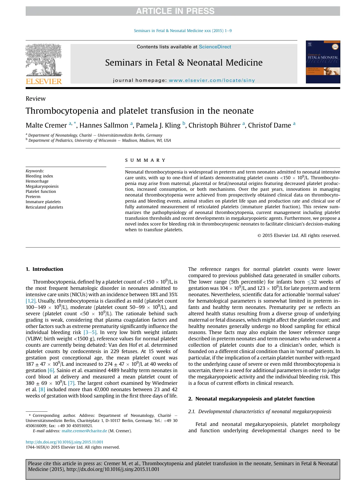 غلاف تقرير Thrombocytopenia and Platelet Transfusion in the Neonate