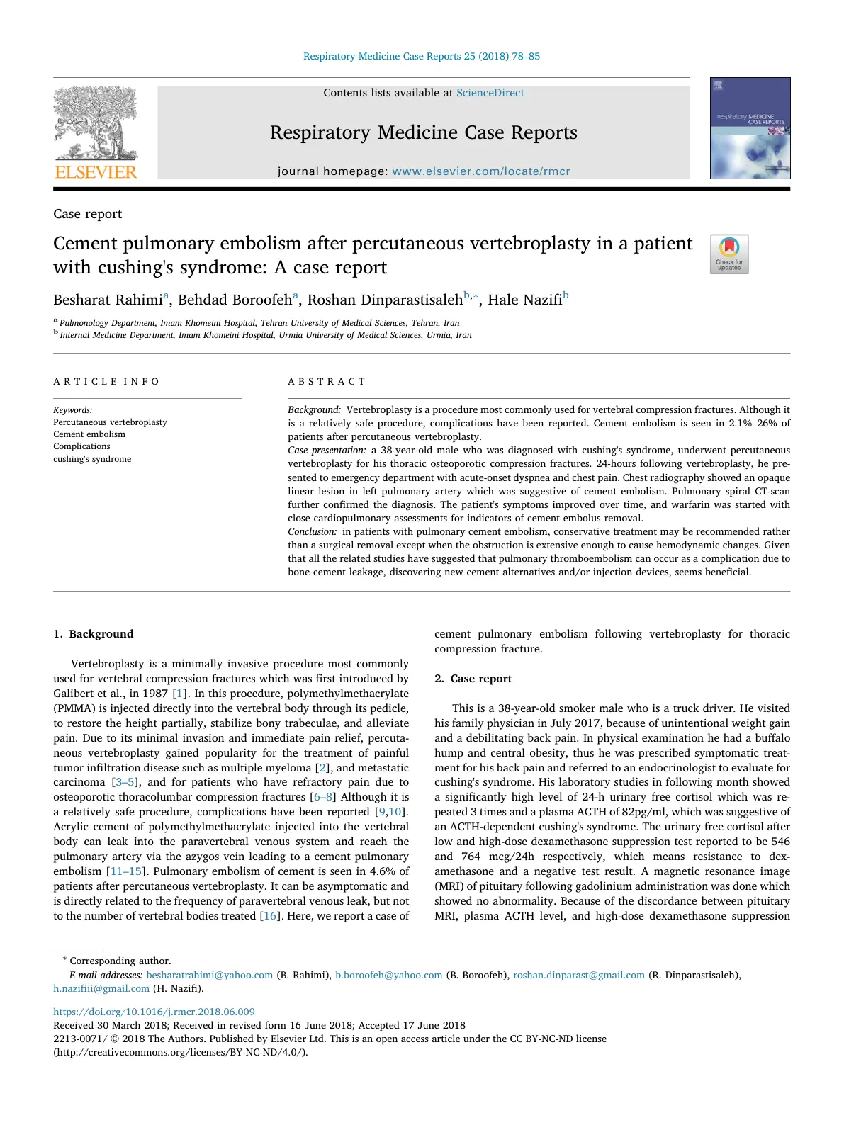 غلاف تقرير Cement pulmonary embolism after percutaneous vertebroplasty in a patient with cushing's syndrome: A case report