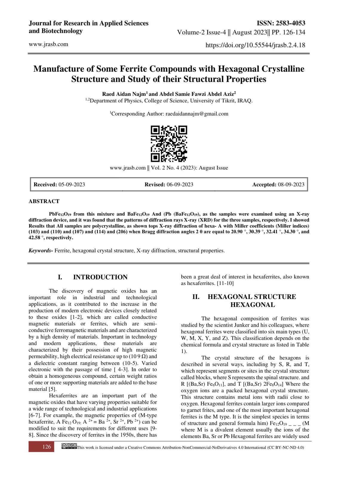 غلاف تقرير Manufacture of Some Ferrite Compounds with Hexagonal Crystalline Structure and Study of their Structural Properties