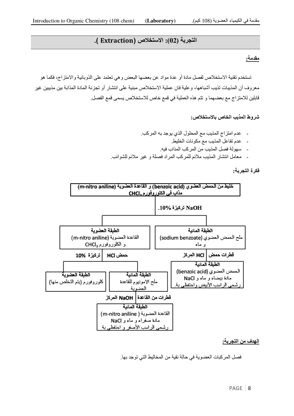 غلاف تقرير مقدمة في الكيمياء العضوية (108 كيم) - تجربة (02) الاستخلاص