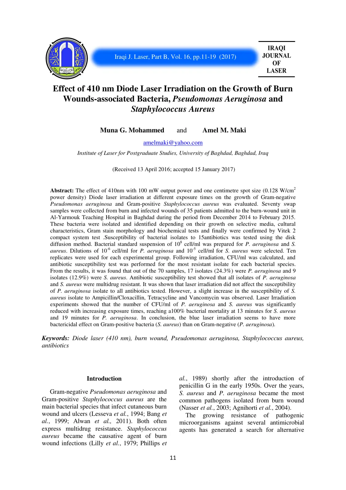 غلاف تقرير Effect of 410 nm Diode Laser Irradiation on the Growth of Burn Wounds-associated Bacteria, Pseudomonas Aeruginosa and Staphylococcus Aureus