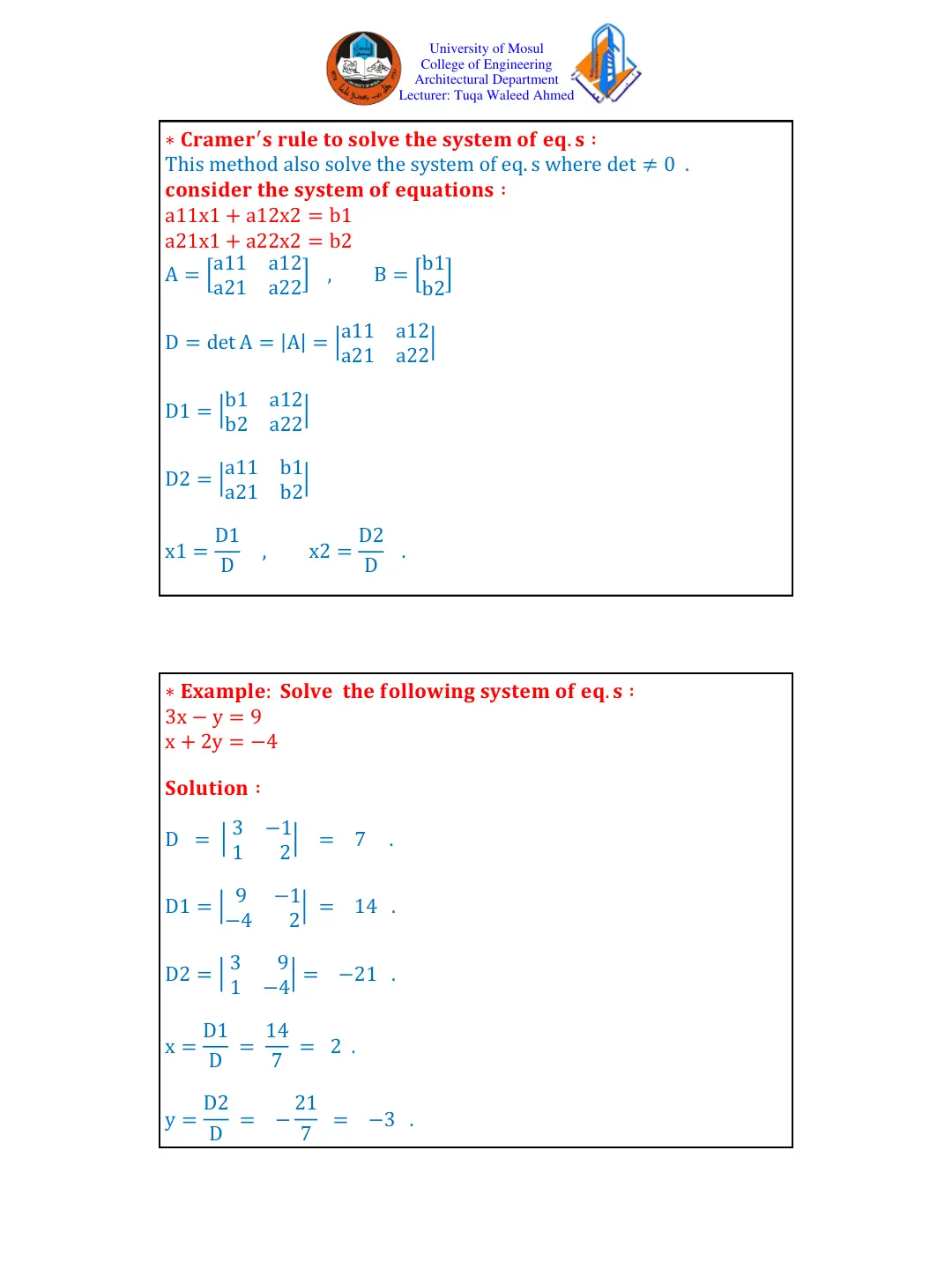 غلاف تقرير Cramer's Rule to Solve the System of Equations