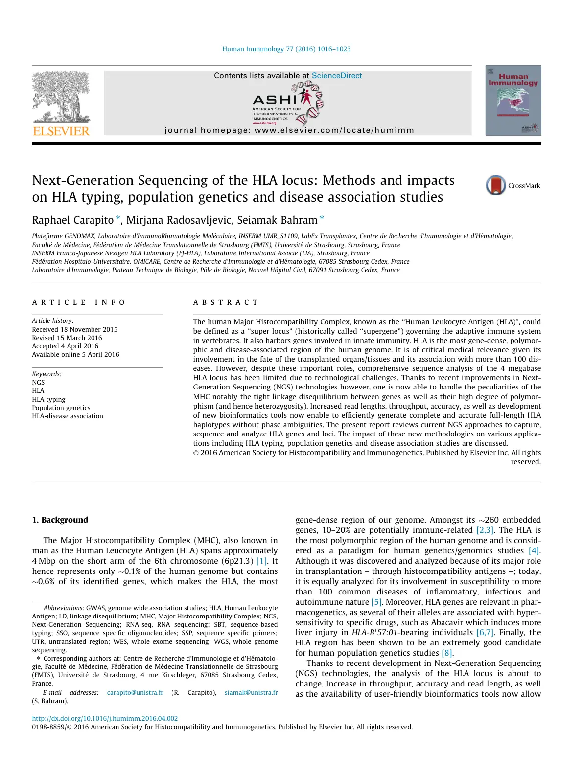 غلاف تقرير Next-Generation Sequencing of the HLA locus: Methods and impacts on HLA typing, population genetics and disease association studies