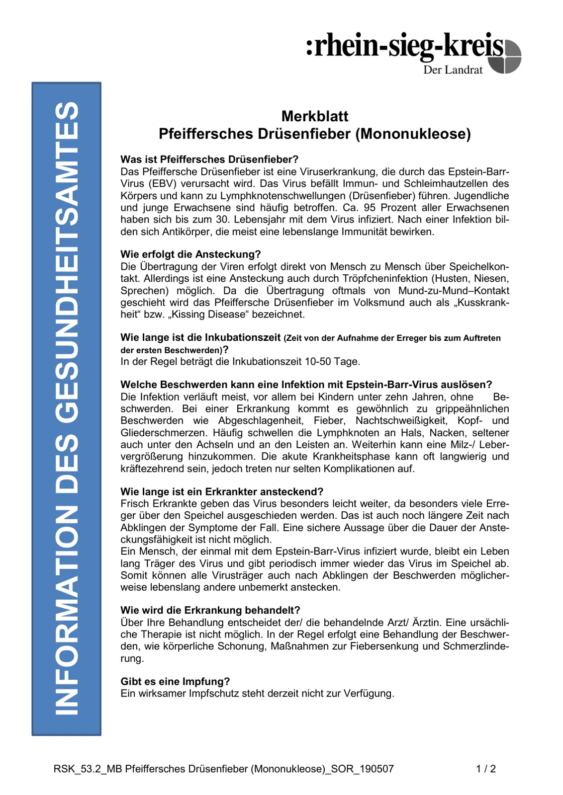 غلاف تقرير Merkblatt Pfeiffersches Drüsenfieber (Mononukleose)