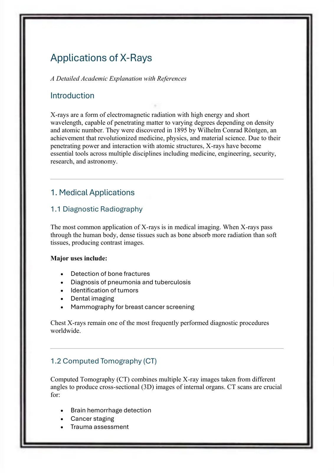 غلاف تقرير Applications of X-Rays: A Detailed Academic Explanation with References