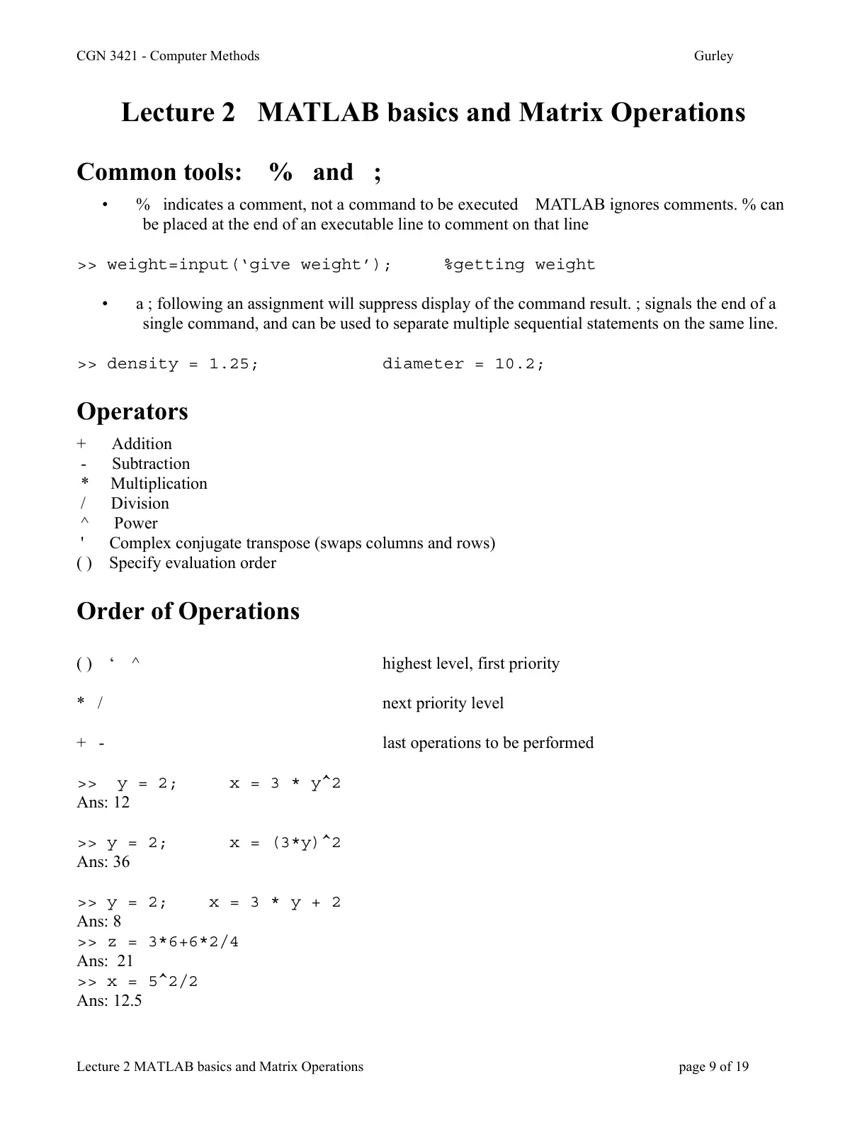 غلاف تقرير Lecture 2 MATLAB basics and Matrix Operations