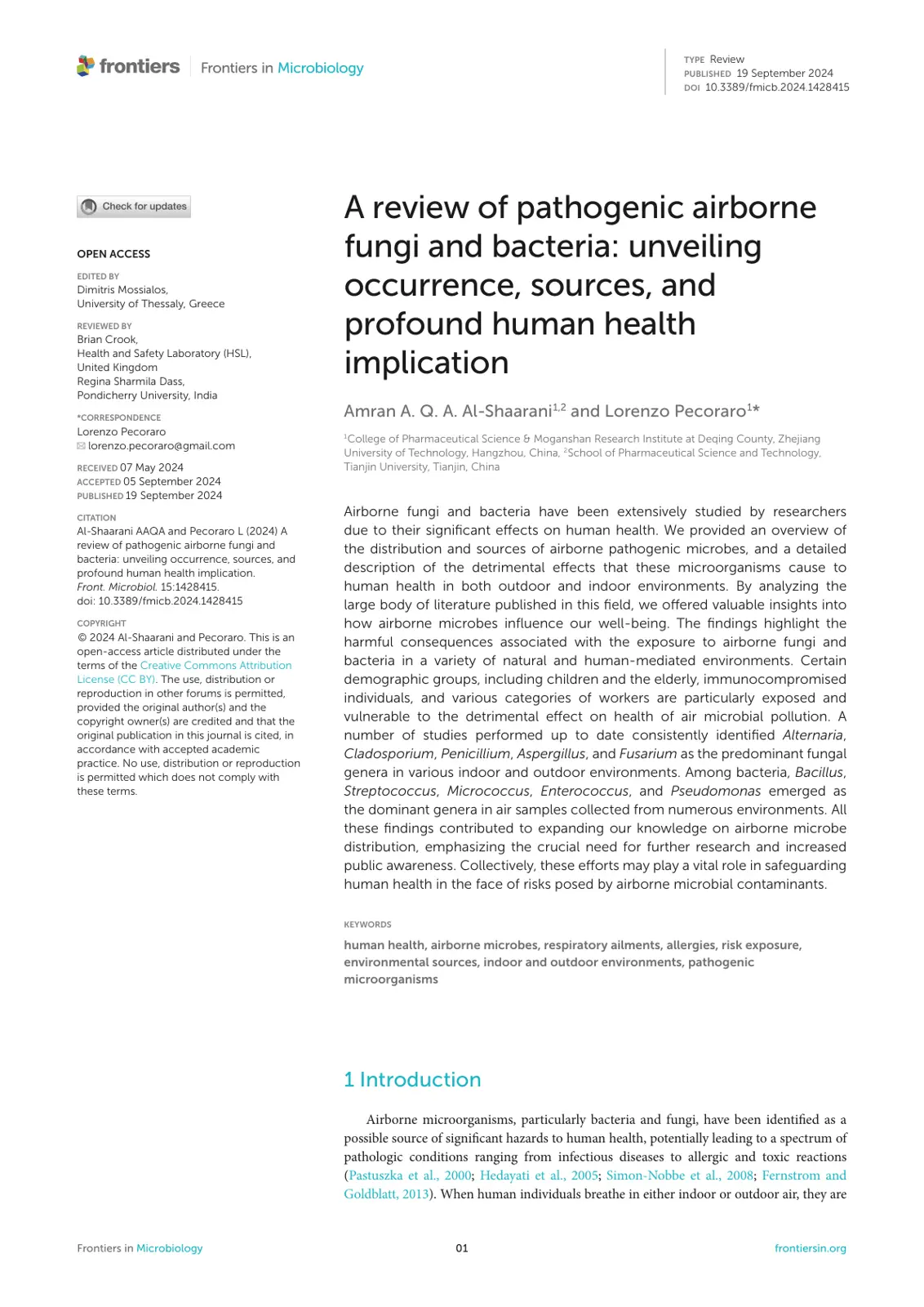 غلاف تقرير A review of pathogenic airborne fungi and bacteria: unveiling occurrence, sources, and profound human health implication