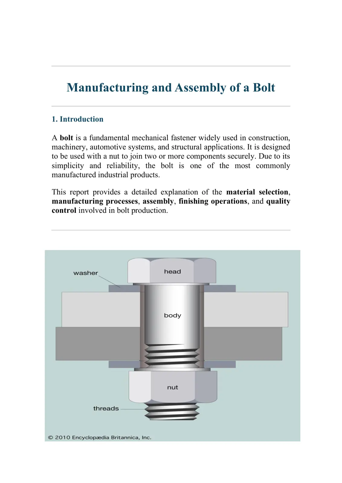 غلاف تقرير Manufacturing and Assembly of a Bolt