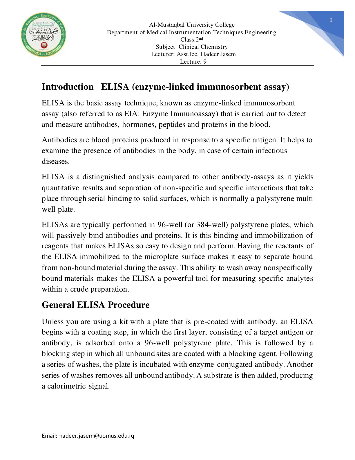 غلاف تقرير Introduction ELISA (enzyme-linked immunosorbent assay)