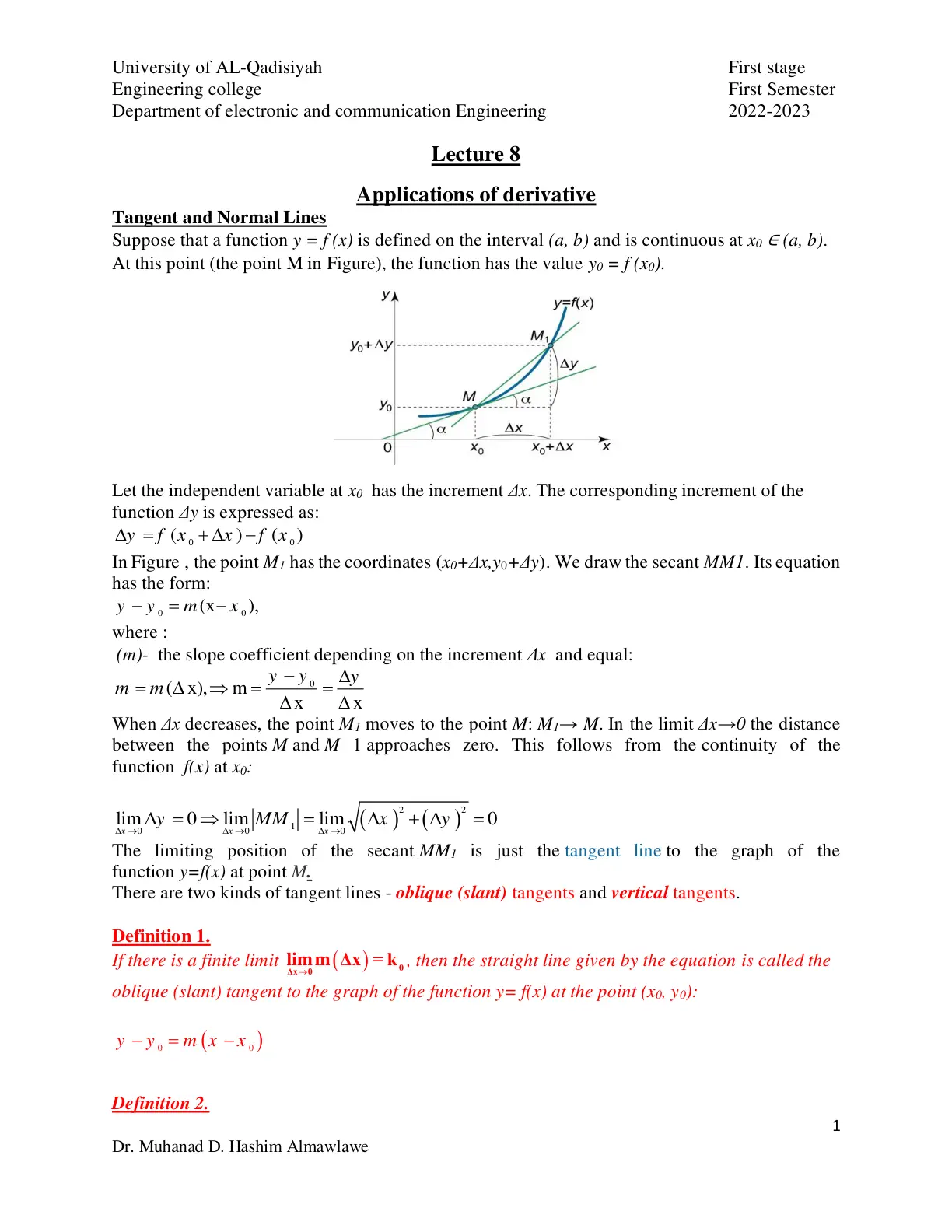 غلاف تقرير Lecture 8: Applications of Derivative - Tangent and Normal Lines