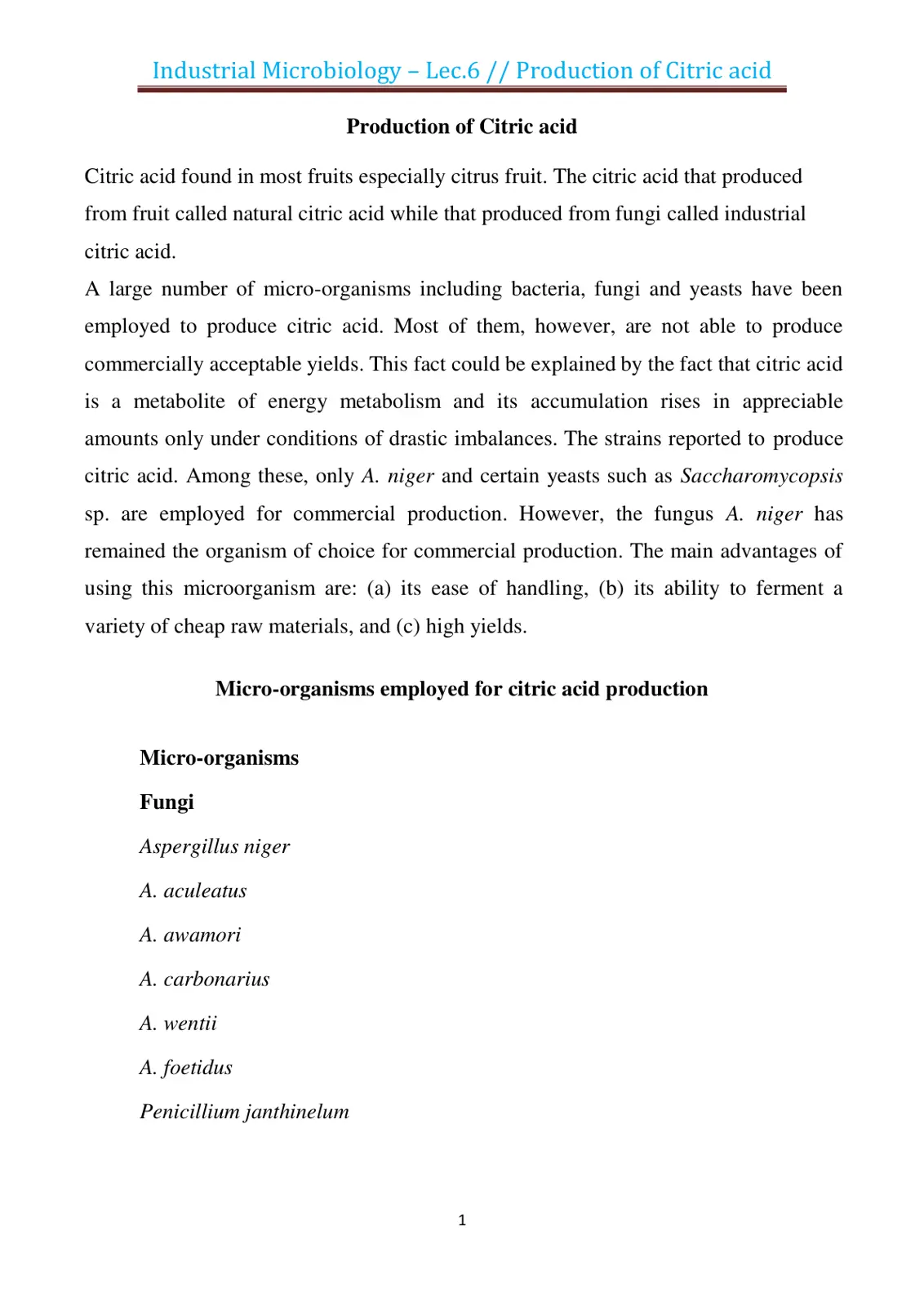 غلاف تقرير Industrial Microbiology - Lec.6 // Production of Citric acid