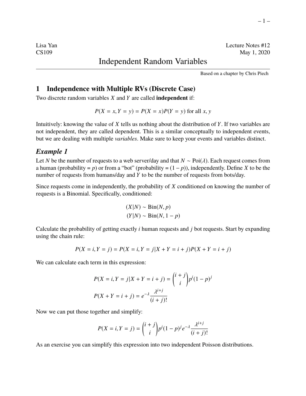 غلاف تقرير CS 109 – Independent Random Variables