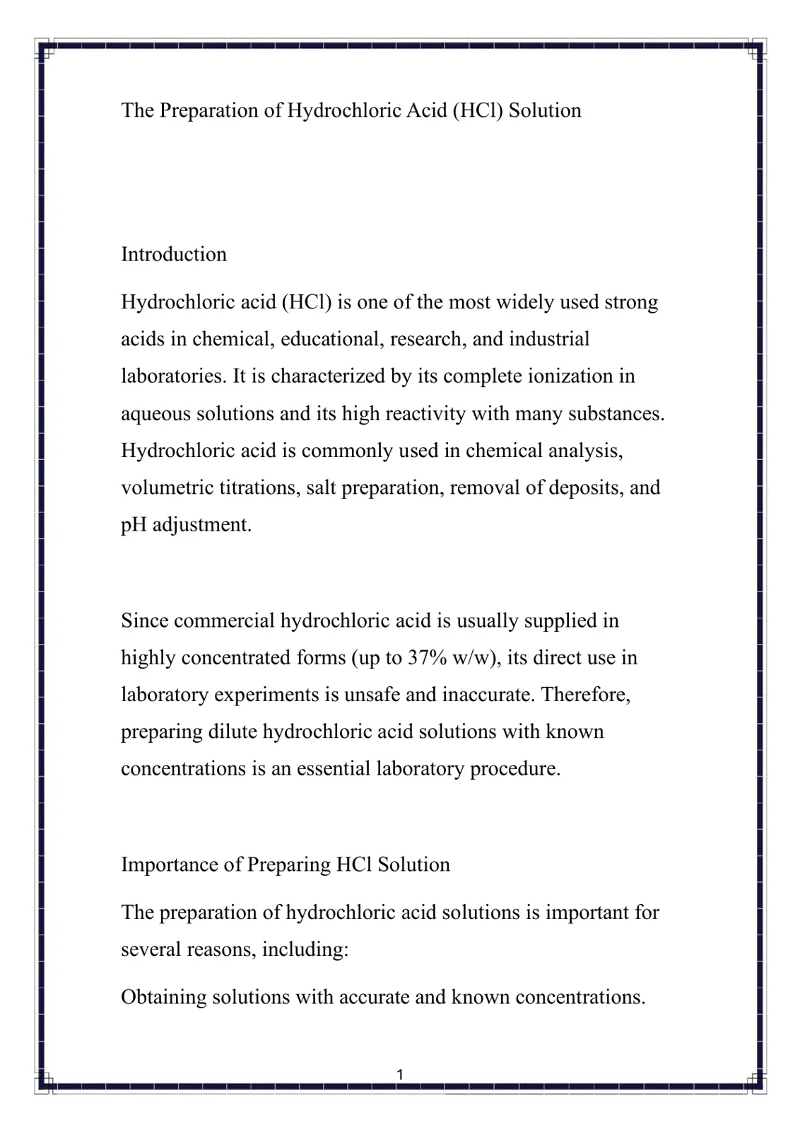 غلاف تقرير The Preparation of Hydrochloric Acid (HCl) Solution