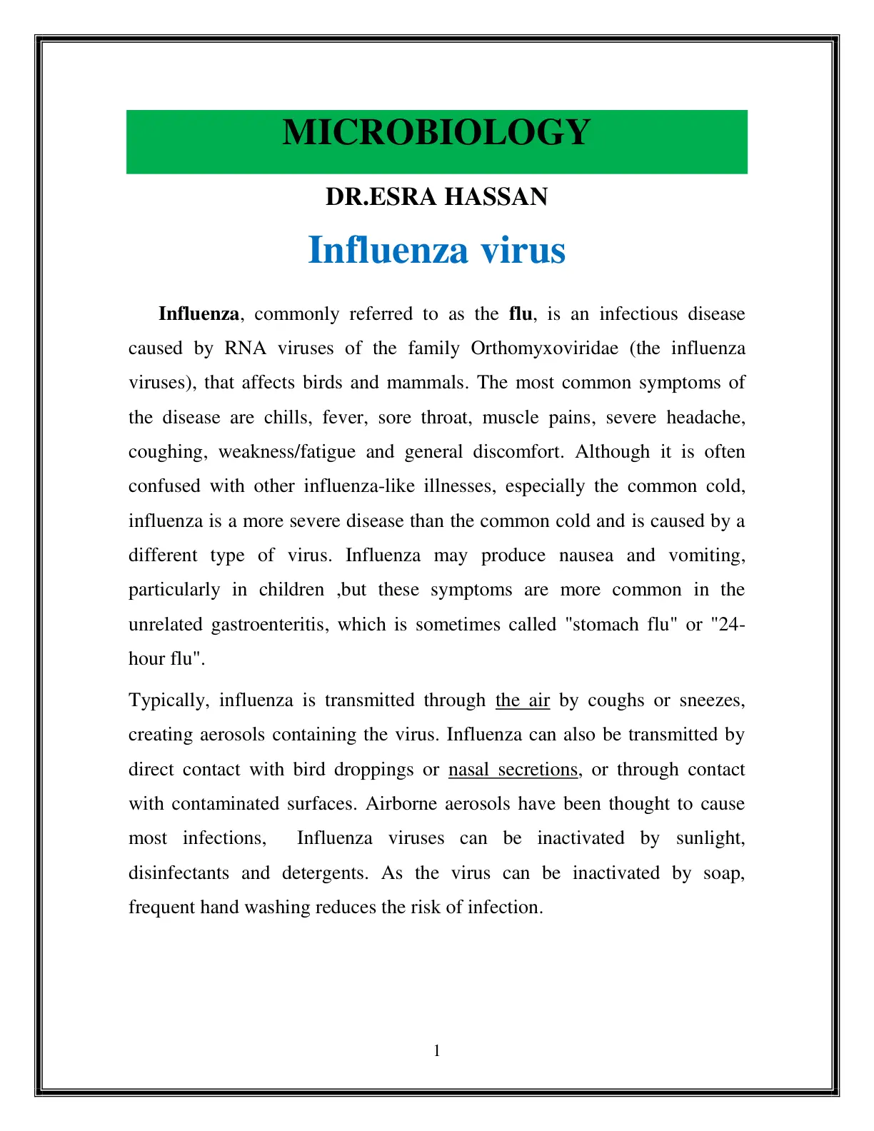 غلاف تقرير MICROBIOLOGY - Influenza virus