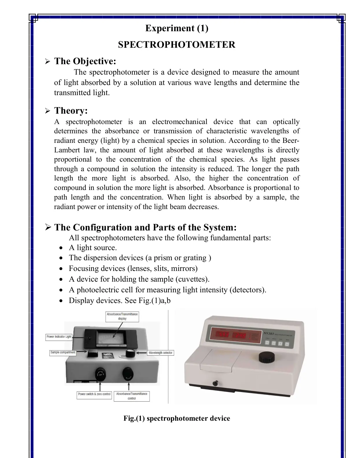 غلاف تقرير Experiment (1) SPECTROPHOTOMETER