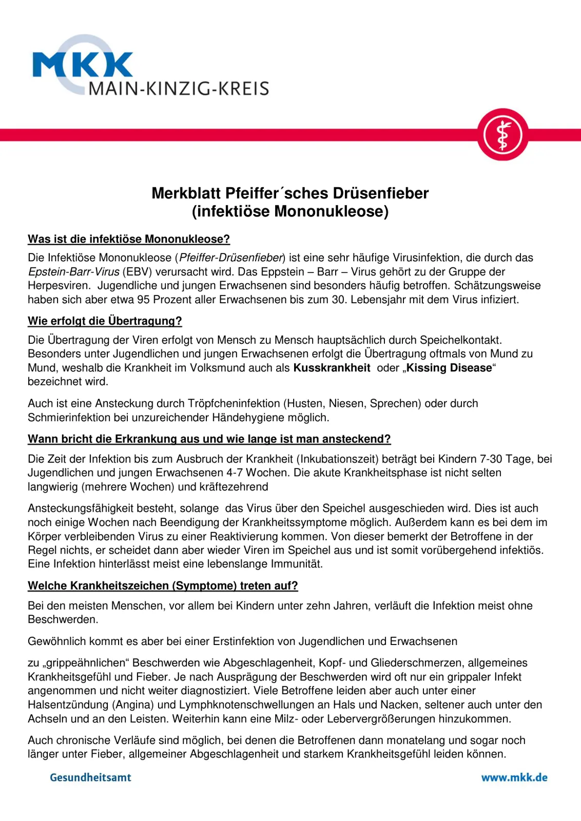 غلاف تقرير Merkblatt Pfeiffer'sches Drüsenfieber (infektiöse Mononukleose)