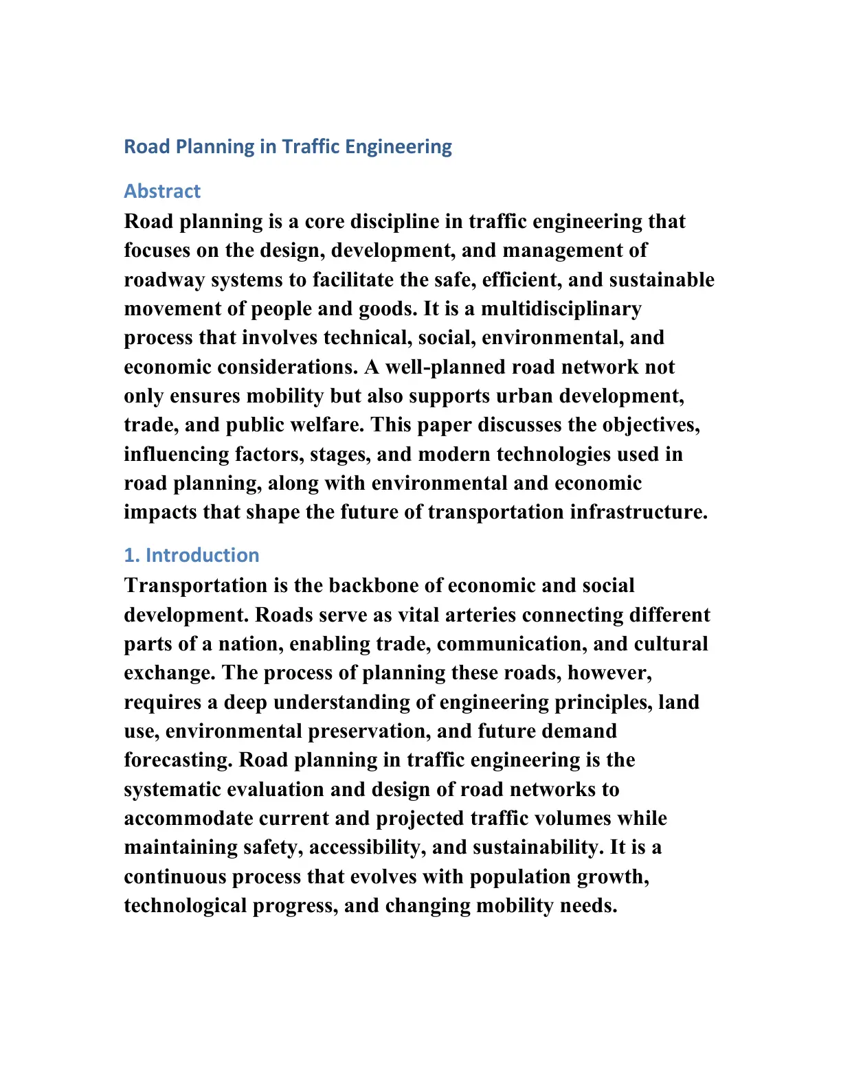 غلاف تقرير Road Planning in Traffic Engineering