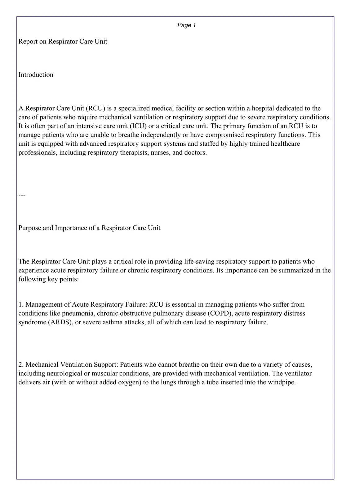 غلاف تقرير Report on Respirator Care Unit