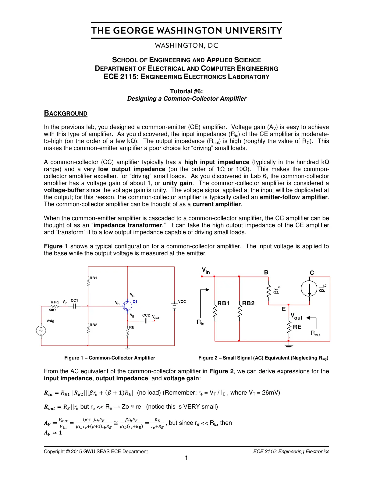 غلاف تقرير ECE 2115 Engineering Electronics Laboratory – Tutorial #6: Designing a Common-Collector Amplifier
