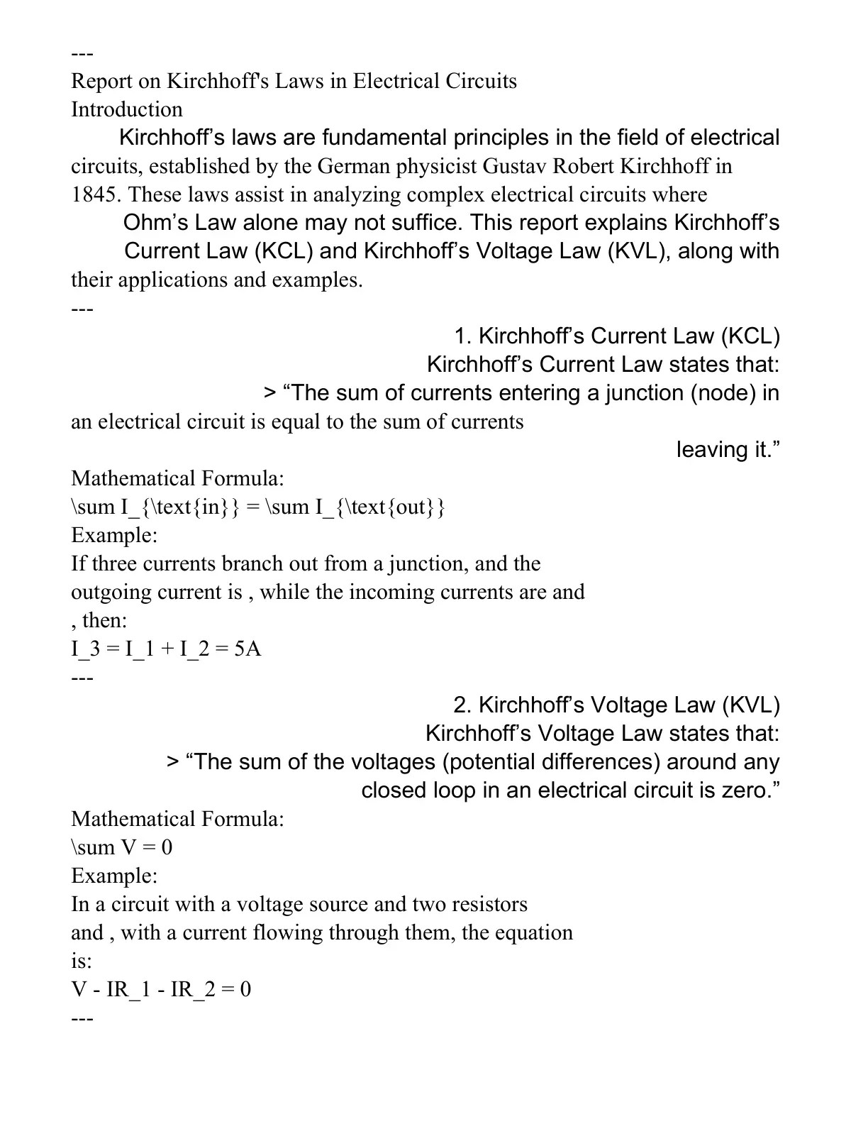 غلاف تقرير Report on Kirchhoff's Laws in Electrical Circuits