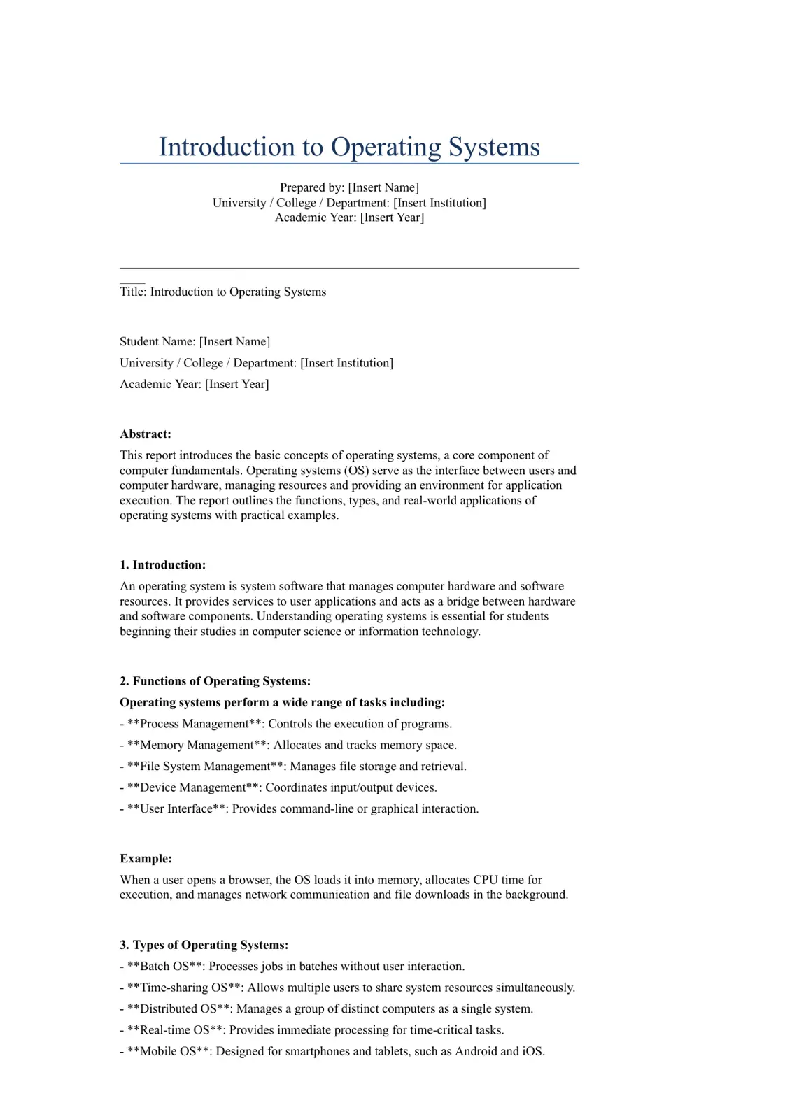غلاف تقرير Introduction to Operating Systems