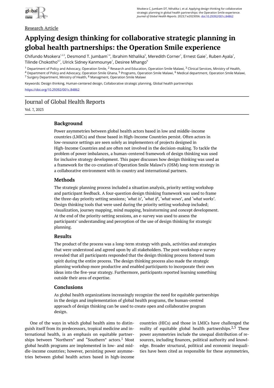 غلاف تقرير Applying design thinking for collaborative strategic planning in global health partnerships: the Operation Smile experience