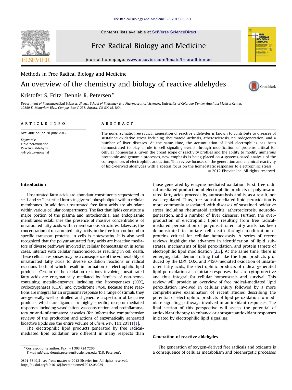 غلاف تقرير An overview of the chemistry and biology of reactive aldehydes