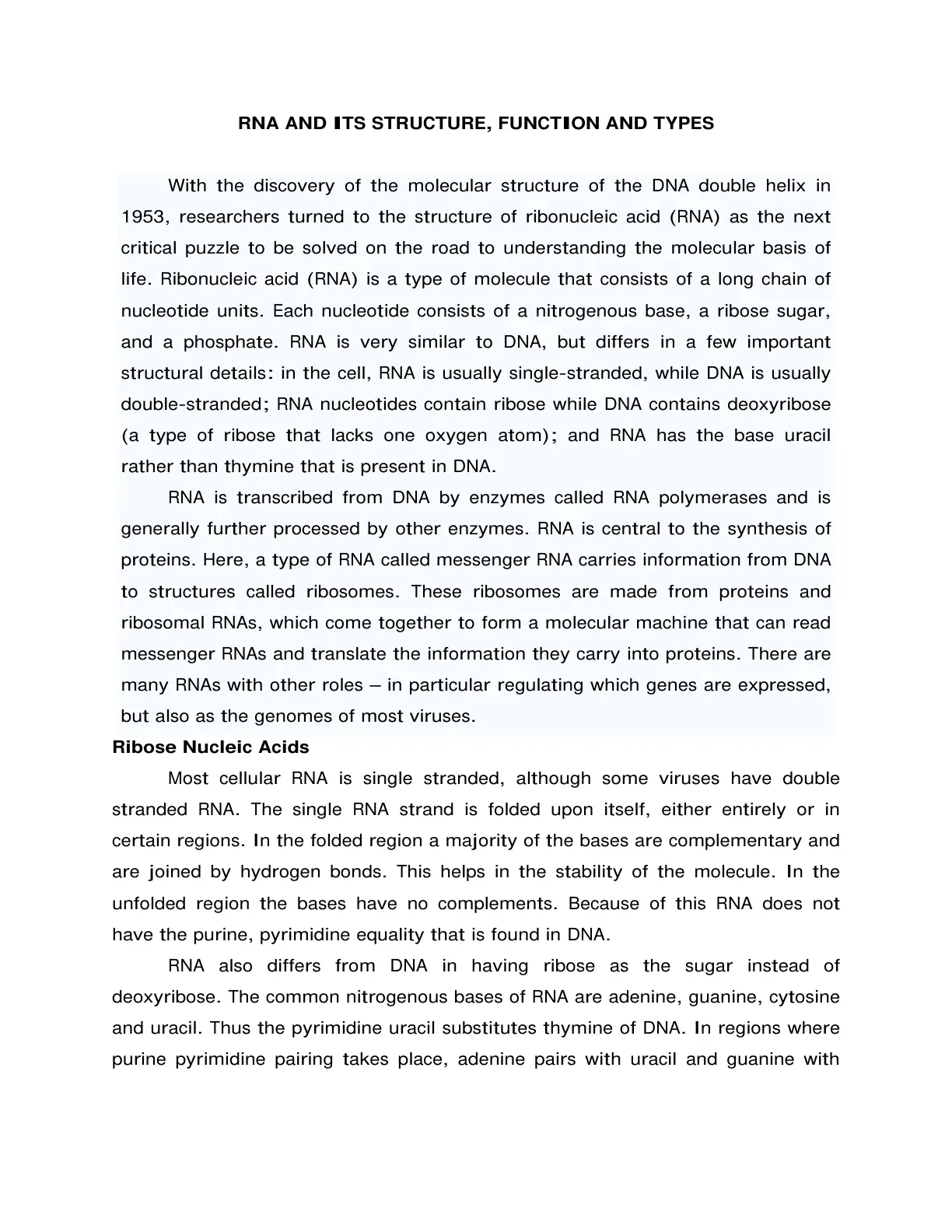 غلاف تقرير RNA AND ITS STRUCTURE, FUNCTION AND TYPES