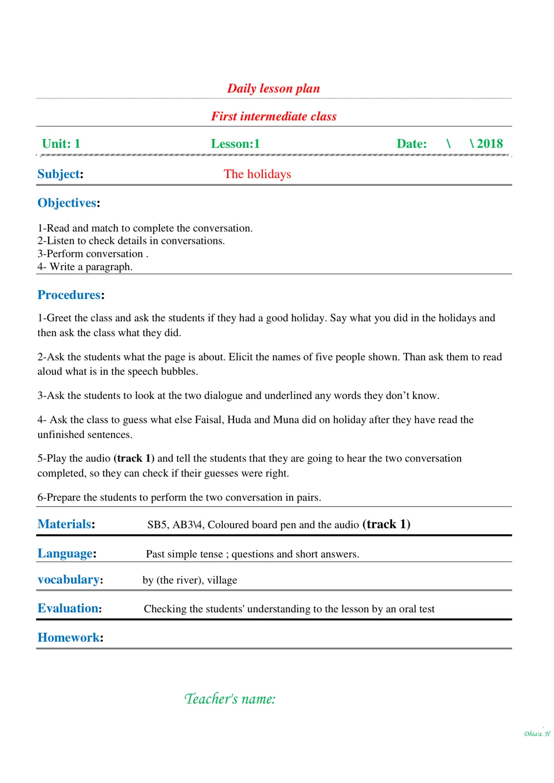 غلاف تقرير Daily Lesson Plan: The Holidays - First Intermediate Class