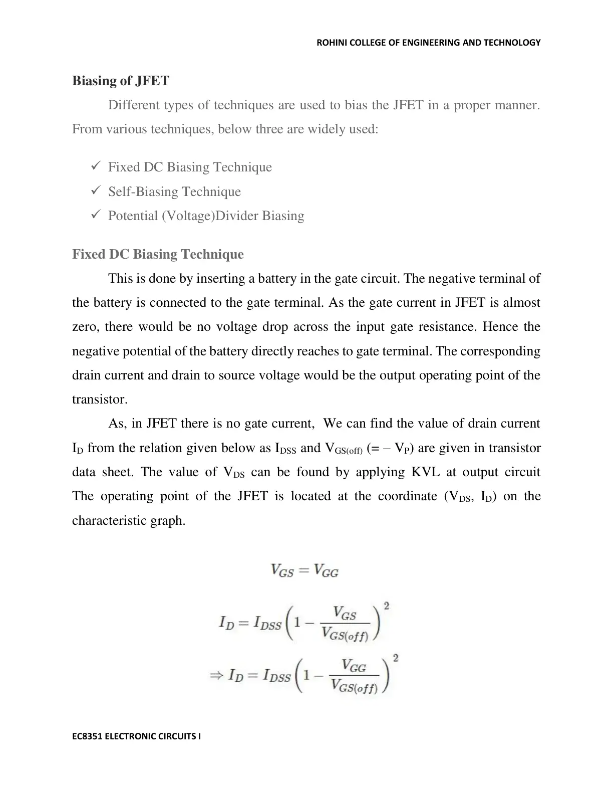 غلاف تقرير Biasing of JFET