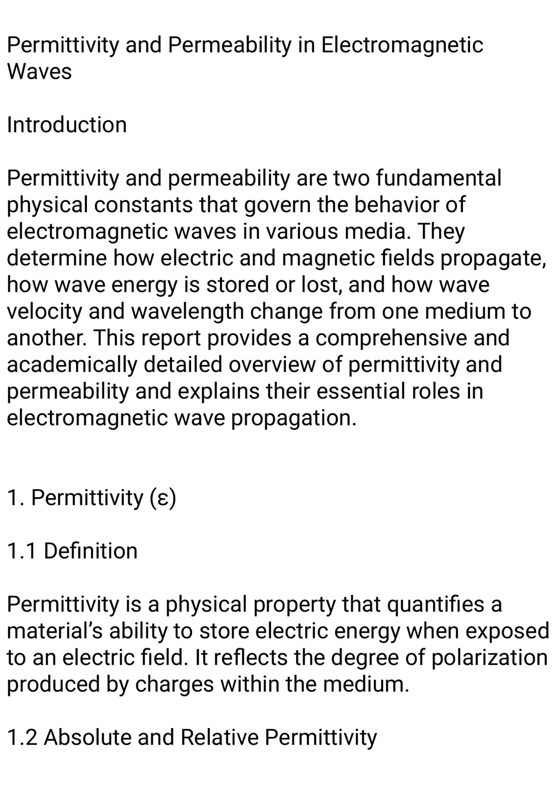 غلاف تقرير Permittivity and Permeability in Electromagnetic Waves