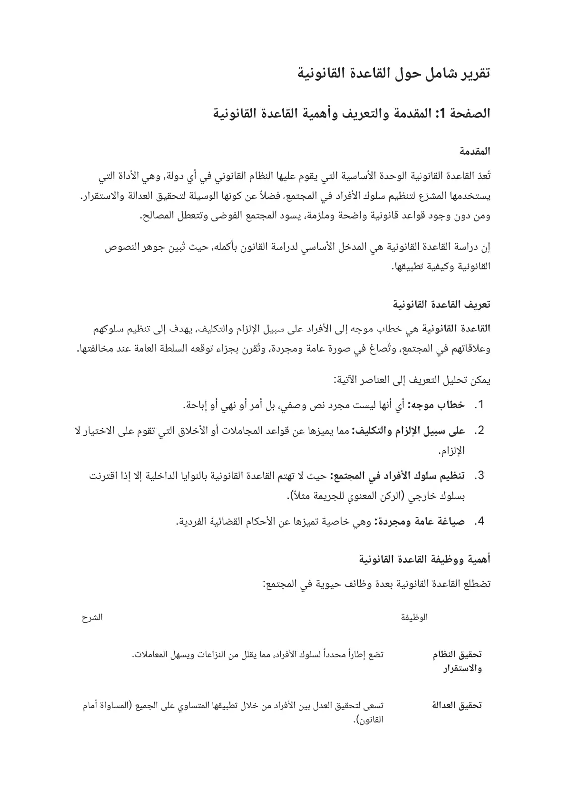غلاف تقرير تقرير شامل حول القاعدة القانونية