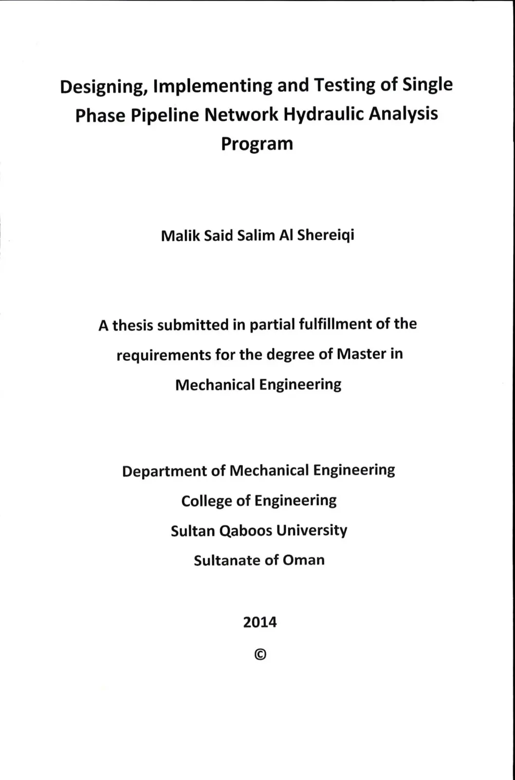 غلاف تقرير Designing, Implementing and Testing of Single Phase Pipeline Network Hydraulic Analysis Program