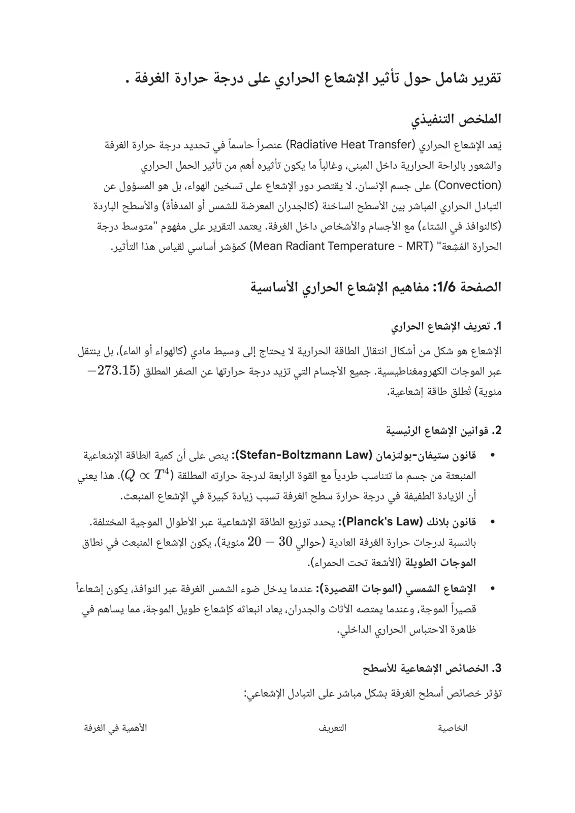 غلاف تقرير تقرير شامل حول تأثير الإشعاع الحراري على درجة حرارة الغرفة