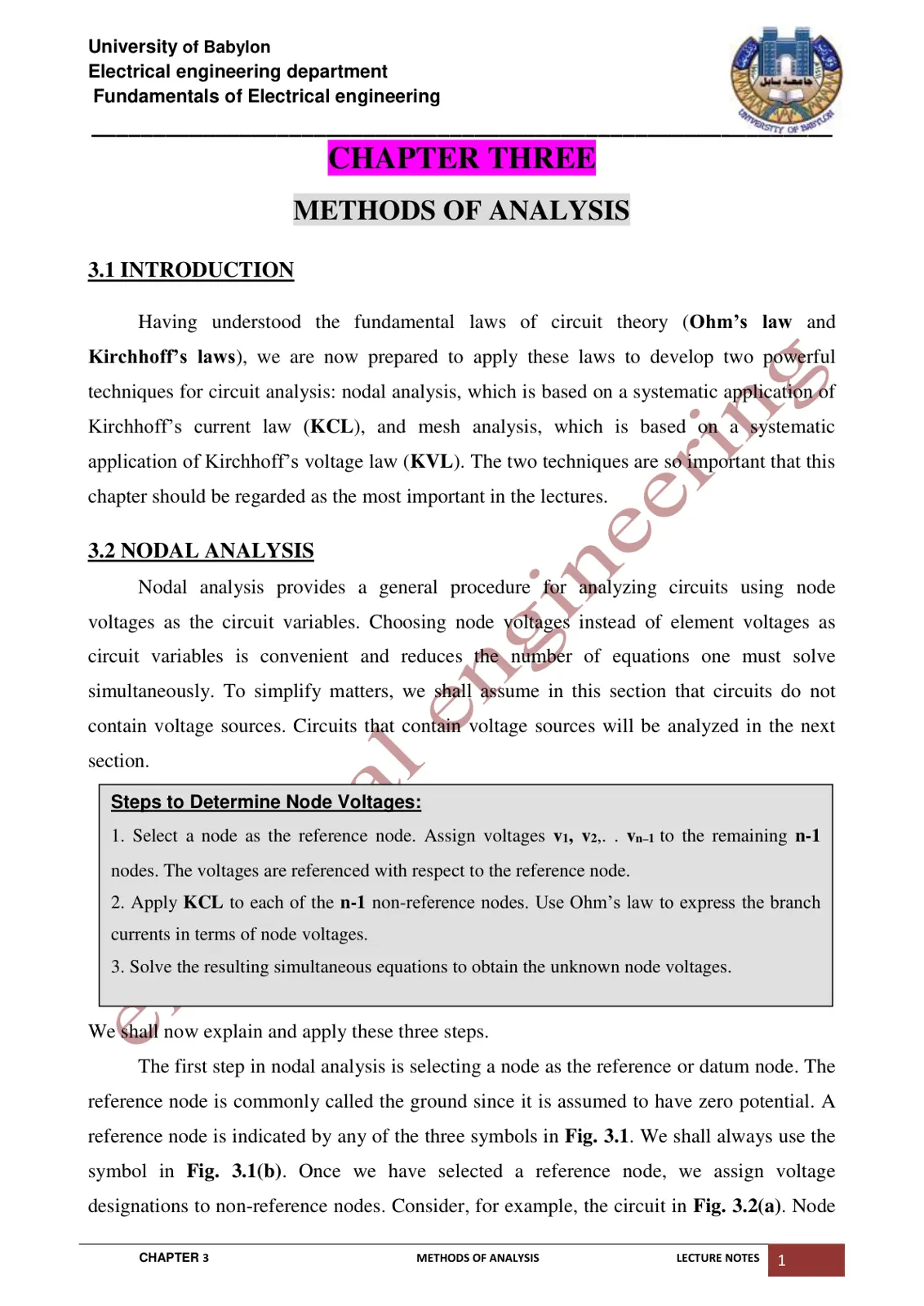 غلاف تقرير Fundamentals of Electrical engineering - Chapter Three: Methods of Analysis