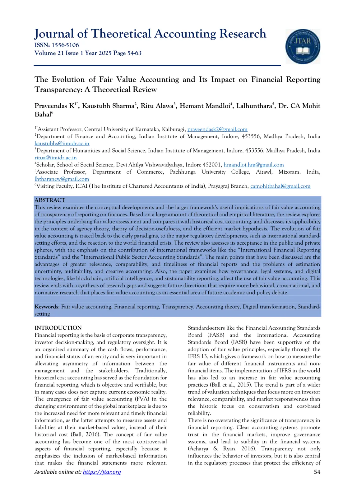 غلاف تقرير The Evolution of Fair Value Accounting and Its Impact on Financial Reporting Transparency: A Theoretical Review