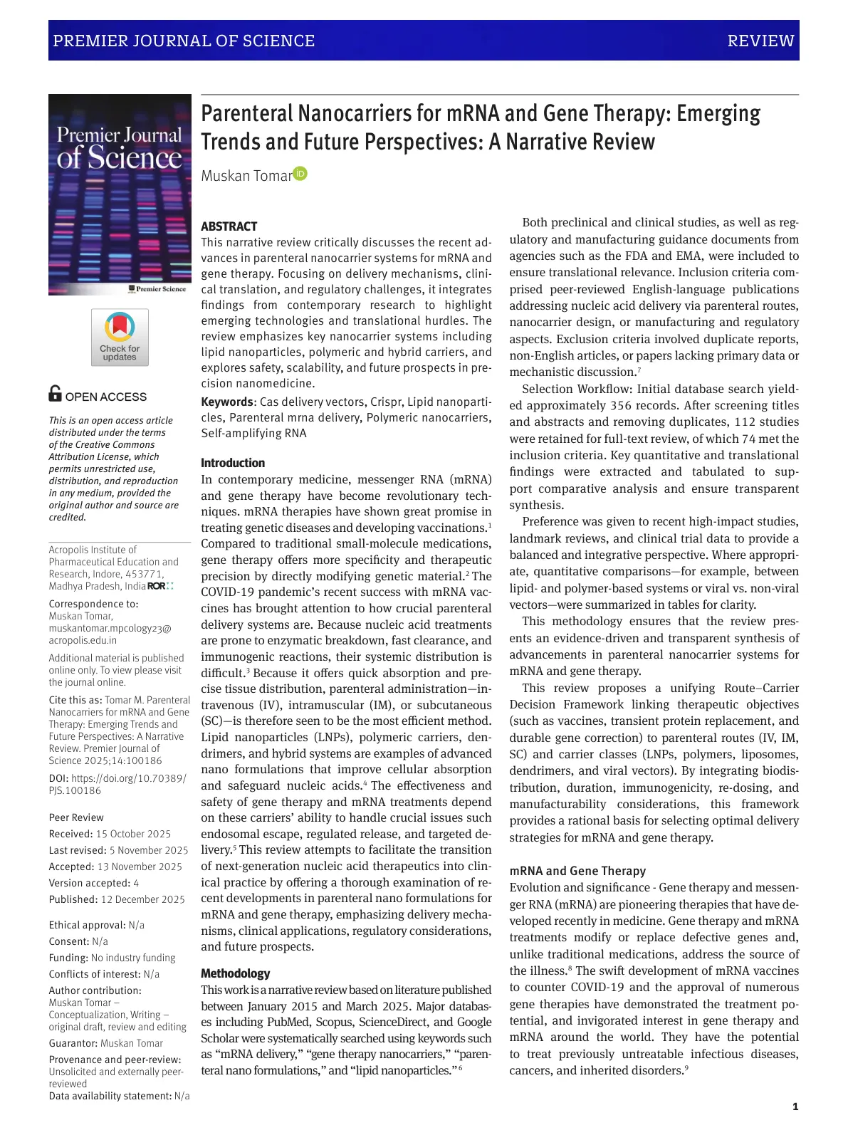 غلاف تقرير Parenteral Nanocarriers for mRNA and Gene Therapy: Emerging Trends and Future Perspectives