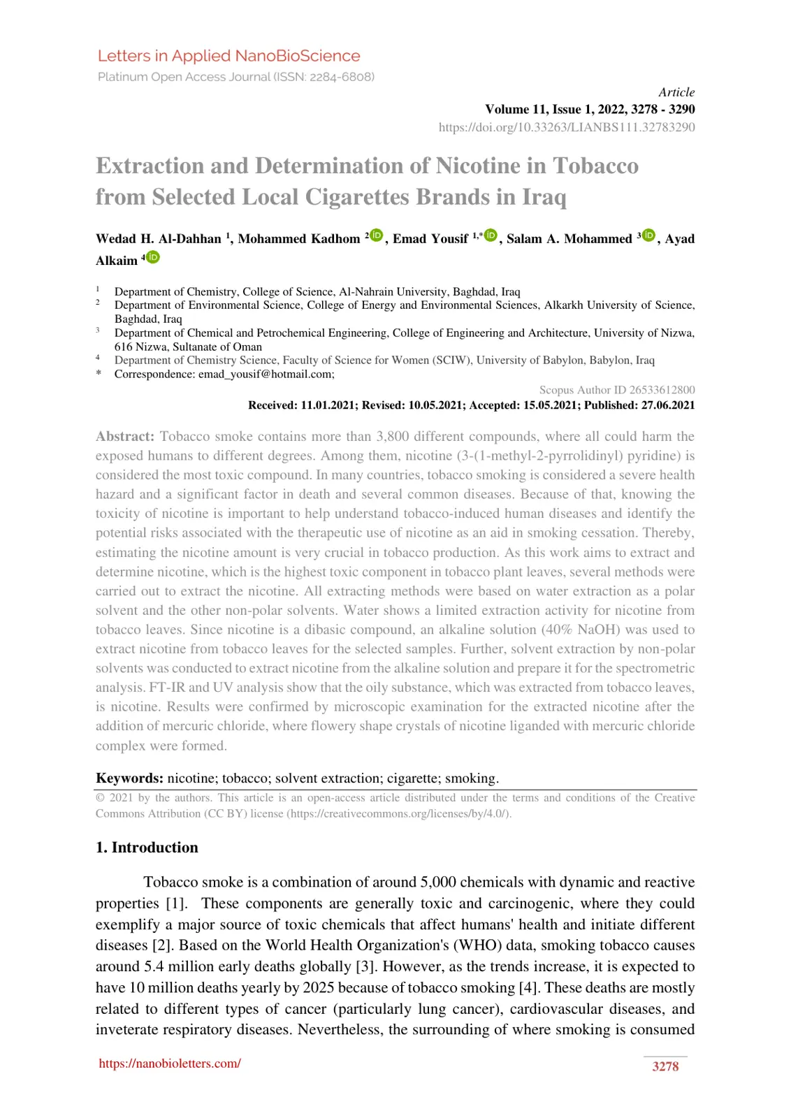 غلاف تقرير Extraction and Determination of Nicotine in Tobacco from Selected Local Cigarettes Brands in Iraq